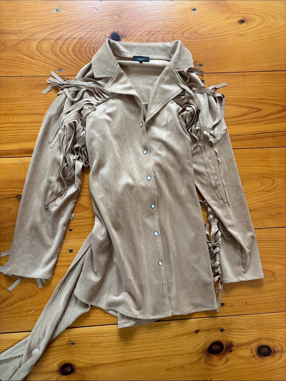Vici Suede-Look Fringe Button-Down Top — Beige